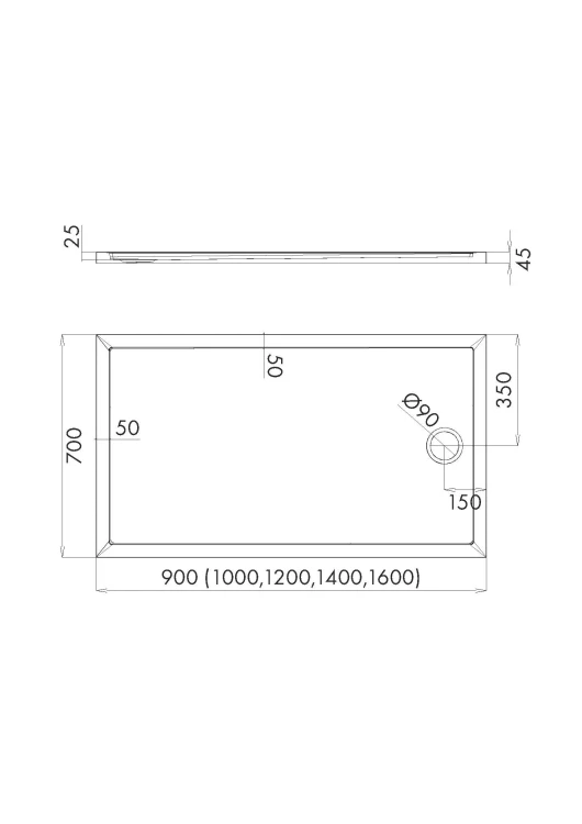 Schedline Sharper Brodzik prostokątny 70x100 cm, odpływ na środku krótkiego boku 3S.S2P-70100