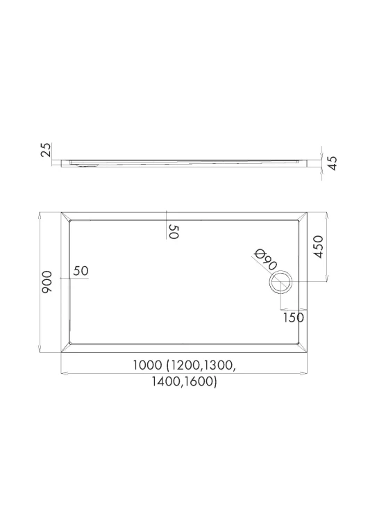 Schedline Sharper Brodzik prostokątny 90x100 cm, odpływ na środku krótkiego boku 3S.S2P-90100